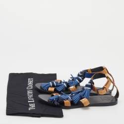 Pre Owned Tory Burch Multicolor Leather Weaver Tasseled Flat Sandals Size 38