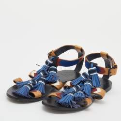Pre Owned Tory Burch Multicolor Leather Weaver Tasseled Flat Sandals Size 38