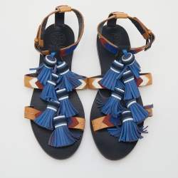 Pre Owned Tory Burch Multicolor Leather Weaver Tasseled Flat Sandals Size 38