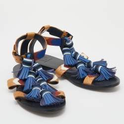 Pre Owned Tory Burch Multicolor Leather Weaver Tasseled Flat Sandals Size 38