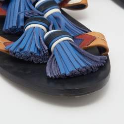 Pre Owned Tory Burch Multicolor Leather Weaver Tasseled Flat Sandals Size 38