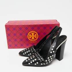 Pre Owned Tory Burch Black/White Polka Dot Leather Kay Slingback Sandals Size 37.5