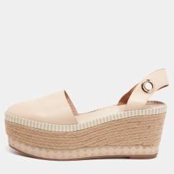 Pre Owned Tory Burch Cream Leather Dandy Ankle Wrap Espadrille Wedge Sandals Size 41