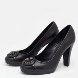 Pre Owned حذاء كعب عالي توري برش كاليستا بالشعار جلد أسود مزخرف مقاس 38.5