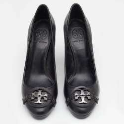 Pre Owned حذاء كعب عالي توري برش كاليستا بالشعار جلد أسود مزخرف مقاس 38.5