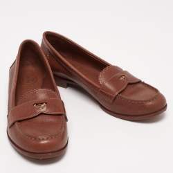 Pre Owned Tory Burch Brown Leather Slip On Loafers Size 37.5