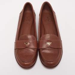 Pre Owned Tory Burch Brown Leather Slip On Loafers Size 37.5