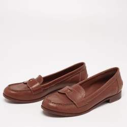 Pre Owned Tory Burch Brown Leather Slip On Loafers Size 37.5