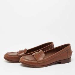 Pre Owned Tory Burch Brown Leather Slip On Loafers Size 38