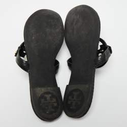 Pre Owned Tory Burch Black Python Embossed Leather Logo Miller Thong Flats Size 37