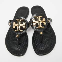 Pre Owned Tory Burch Black Python Embossed Leather Logo Miller Thong Flats Size 37
