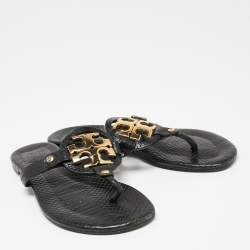 Pre Owned Tory Burch Black Python Embossed Leather Logo Miller Thong Flats Size 37