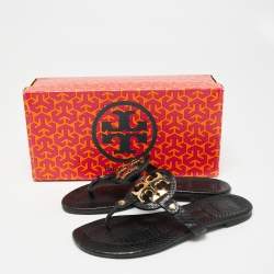 Pre Owned Tory Burch Black Python Embossed Leather Logo Miller Thong Flats Size 37