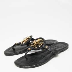 Pre Owned Tory Burch Black Python Embossed Leather Logo Miller Thong Flats Size 37