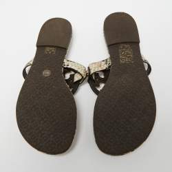 مملوكة مسبقًا Tory Burch Beige/Brown Snakeskin Embossed Leather Miller Thong Flats Size 36