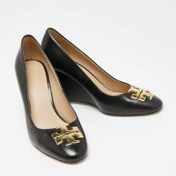 Pre Owned Tory Burch Black Leather Wedge Pumps Size 36.5