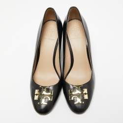 Pre Owned Tory Burch Black Leather Wedge Pumps Size 36.5