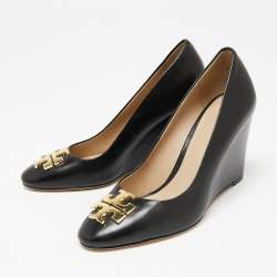 Pre Owned Tory Burch Black Leather Wedge Pumps Size 36.5