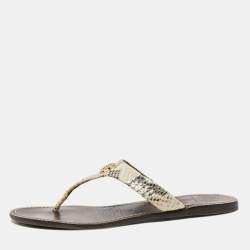 Pre Owned Tory Burch Beige/Black Snakeskin Embossed Leather Flat Thong Sandals Size 38.5