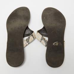 Pre Owned Tory Burch Beige/Black Snakeskin Embossed Leather Flat Thong Sandals Size 38.5