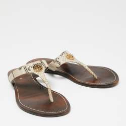 Pre Owned Tory Burch Beige/Black Snakeskin Embossed Leather Flat Thong Sandals Size 38.5