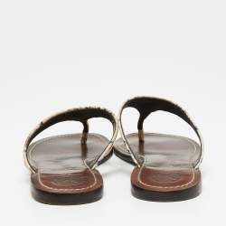 Pre Owned Tory Burch Beige/Black Snakeskin Embossed Leather Flat Thong Sandals Size 38.5