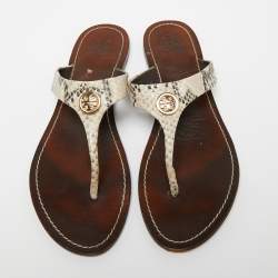Pre Owned Tory Burch Beige/Black Snakeskin Embossed Leather Flat Thong Sandals Size 38.5