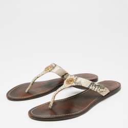Pre Owned Tory Burch Beige/Black Snakeskin Embossed Leather Flat Thong Sandals Size 38.5
