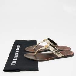 Pre Owned Tory Burch Beige/Black Snakeskin Embossed Leather Flat Thong Sandals Size 38.5