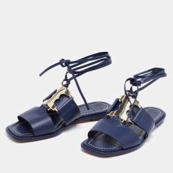 Pre Owned Tory Burch Nay Blue Leather Ankle Wrap Flats Size 36.5