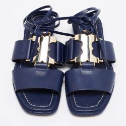 Pre Owned Tory Burch Nay Blue Leather Ankle Wrap Flats Size 36.5