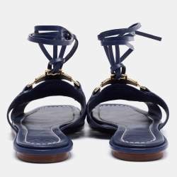 Pre Owned Tory Burch Nay Blue Leather Ankle Wrap Flats Size 36.5