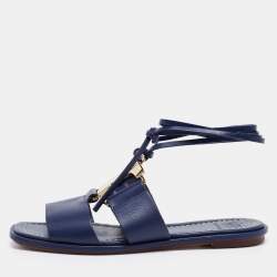 Pre Owned Tory Burch Nay Blue Leather Ankle Wrap Flats Size 36.5