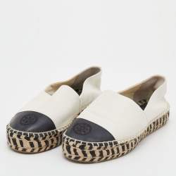 Pre Owned Tory Burch White/Black Leather Cap Toe Espadrille Flats Size 39