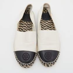 Pre Owned Tory Burch White/Black Leather Cap Toe Espadrille Flats Size 39