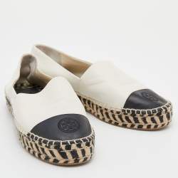 Pre Owned Tory Burch White/Black Leather Cap Toe Espadrille Flats Size 39