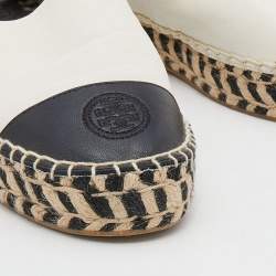 Pre Owned Tory Burch White/Black Leather Cap Toe Espadrille Flats Size 39