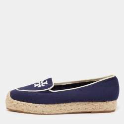 مملوكة مسبقًا Tory Burch Navy Blue Canvas Wells Platform Espadrille Flats Size 38