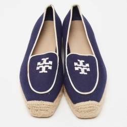 مملوكة مسبقًا Tory Burch Navy Blue Canvas Wells Platform Espadrille Flats Size 38