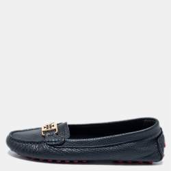 Pre Owned Tory Burch Navy Blue Leather Slip On Loafers Size 36.5