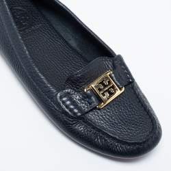 Pre Owned Tory Burch Navy Blue Leather Slip On Loafers Size 36.5