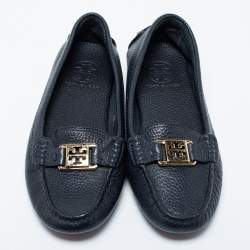 Pre Owned Tory Burch Navy Blue Leather Slip On Loafers Size 36.5