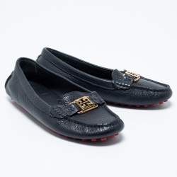 Pre Owned Tory Burch Navy Blue Leather Slip On Loafers Size 36.5