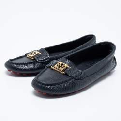 Pre Owned Tory Burch Navy Blue Leather Slip On Loafers Size 36.5