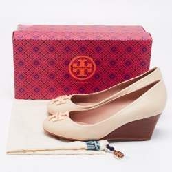 Pre Owned Tory Burch Cream Leather Wedge Pumps Size 37
