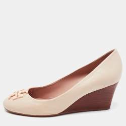 Pre Owned Tory Burch Cream Leather Wedge Pumps Size 37