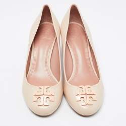 Pre Owned Tory Burch Cream Leather Wedge Pumps Size 37