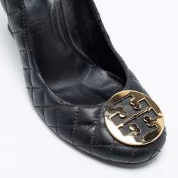 Pre Owned Tory Burch Black Quilted Leather Reva Wedge Pumps Size 41