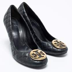 Pre Owned Tory Burch Black Quilted Leather Reva Wedge Pumps Size 41