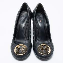 Pre Owned Tory Burch Black Quilted Leather Reva Wedge Pumps Size 41